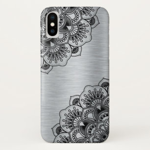 Black floral mandala on silver brushed aluminium iPhone x case