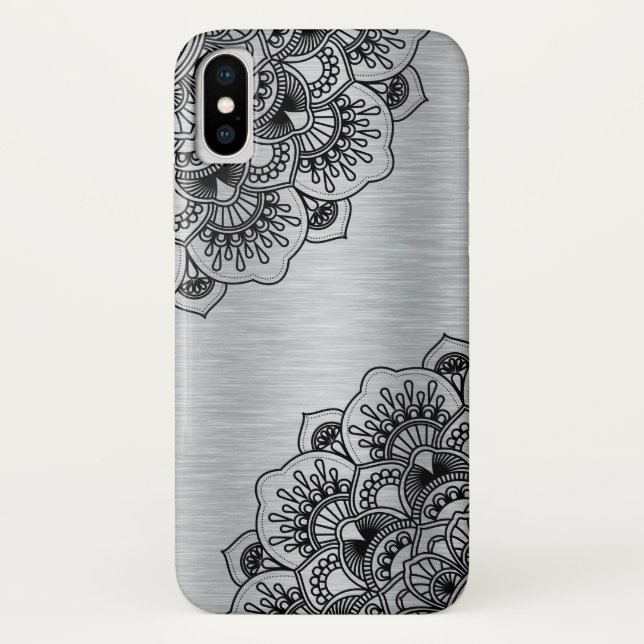 Black floral mandala on silver brushed aluminium Case-Mate iPhone case (Back)