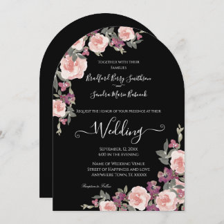 Black Floral Mauve Blush Pink Wedding Invitation