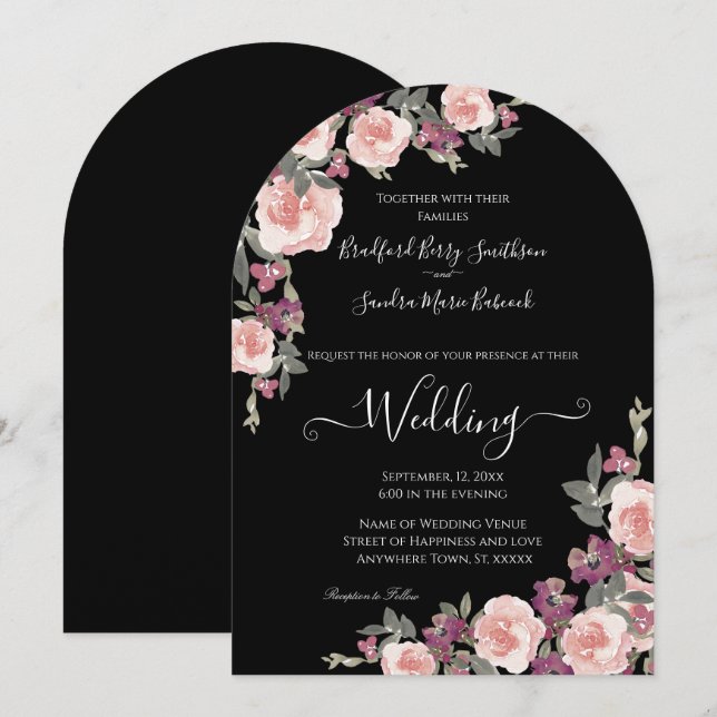 Black Floral Mauve Blush Pink Wedding Invitation (Front/Back)