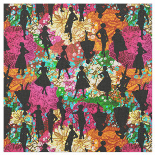 black floral mid century 1950s vintage silhouette  fabric