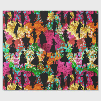black floral mid century 1950s vintage silhouette wrapping paper