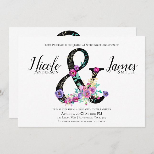 Black Floral Modern Ampersand Chic Spring Wedding Invitation (Front/Back)