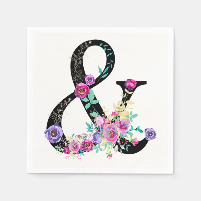Black Floral Modern Ampersand Chic Spring Wedding Napkin (Front)