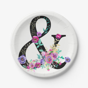 Black Floral Modern Ampersand Chic Spring Wedding Paper Plate