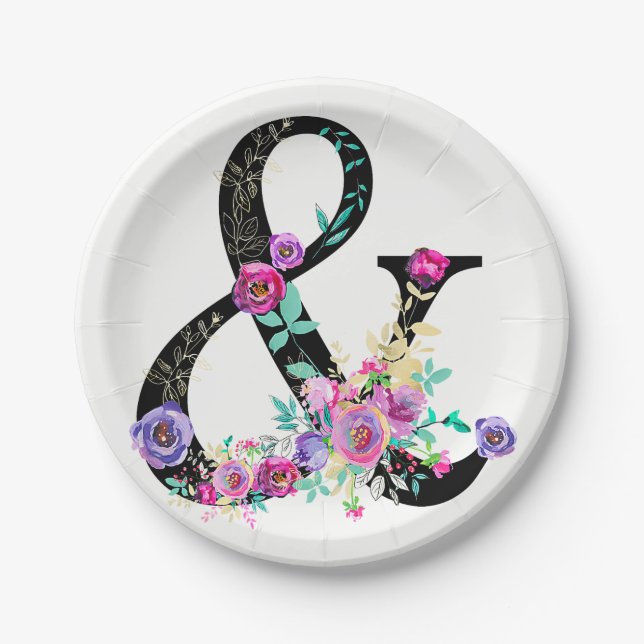 Black Floral Modern Ampersand Chic Spring Wedding Paper Plate (Front)
