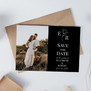Black Floral Monogram Custom Photo Save the Date Invitation