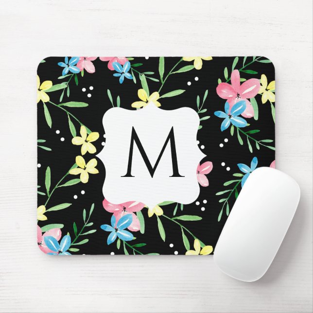 Black Floral Monogram Mouse Mat (With Mouse)