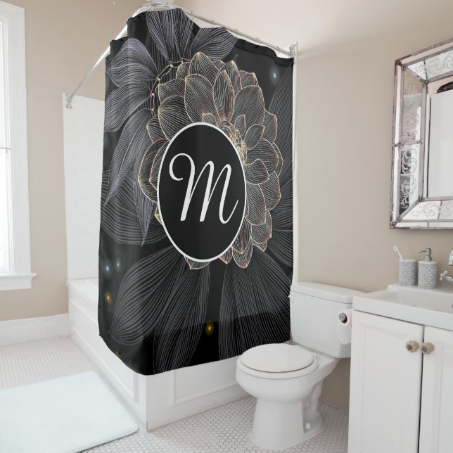 Black Floral Monogram Personalise Shower Curtain (In Situ)