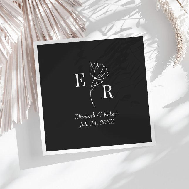 Black Floral Monogram Wedding  Napkin (Black Floral Monogram Wedding Napkins on a sunny white table.)
