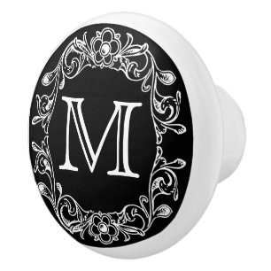 Black Floral Monogrammed Ceramic Knob