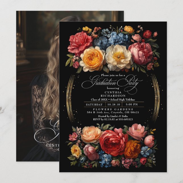 Black Floral Moody Botanical Chic Graduation Party Invitation (Front/Back)