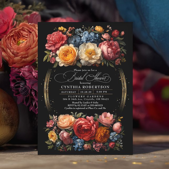 Black Floral Moody Botanical Elegant Bridal Shower Invitation (Moody Black Floral Luxury Bridal Shower Invitation)
