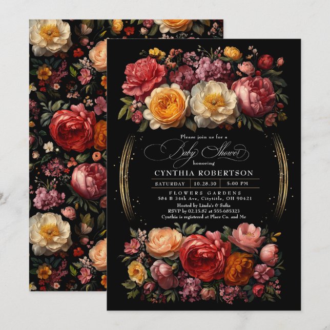 Black Floral Moody Botanical Girl Baby Shower Invitation (Front/Back)