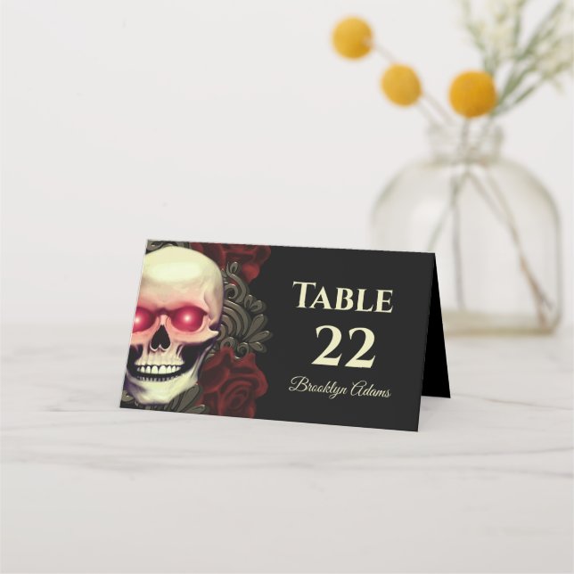 Black floral moody gothic skull red rose halloween place card (Front)
