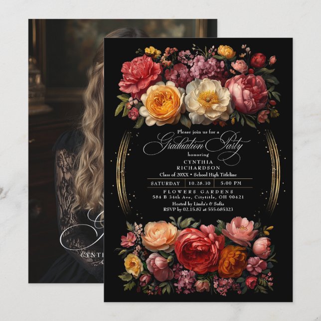 Black Floral Moody Graduation Party Photo Invitation (Front/Back)