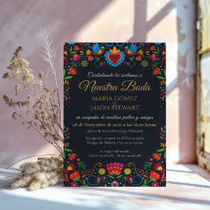 Black Floral Otomi Colourful Fiesta Spanish Weddin Invitation