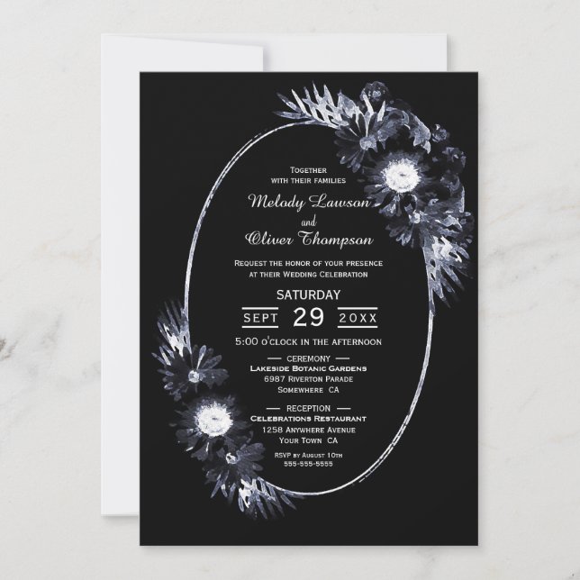 Black Floral Oval Wedding Invitation (Front)