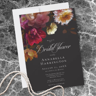 Black Floral Painterly Red Burgundy Bridal Shower Invitation