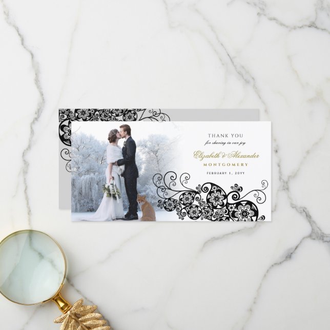 Black Floral Paisley Boho Elegant Wedding Photo Thank You Card (Front/Back In Situ)