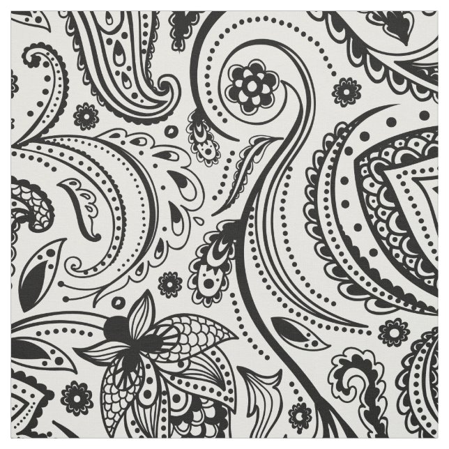 Black Floral Paisley-Custom White background Fabric (Swatch)