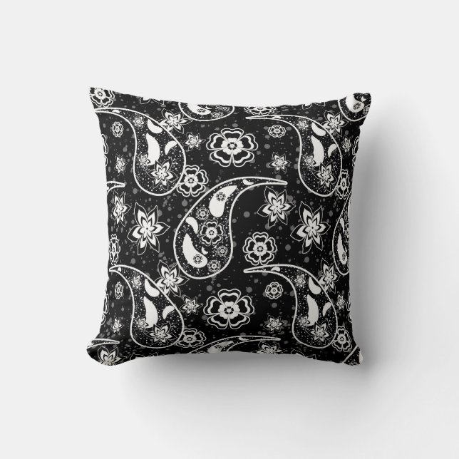 Black Floral Paisley Illustration Pattern Design Cushion (Front)