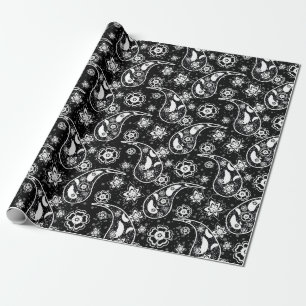 Black Floral Paisley Illustration Pattern Design Wrapping Paper