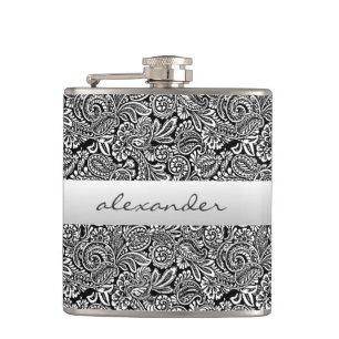 Black Floral Paisley Personalised Groomsmen Hip Flask