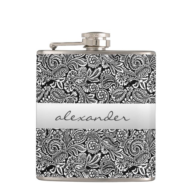 Black Floral Paisley Personalised Groomsmen Hip Flask (Front)