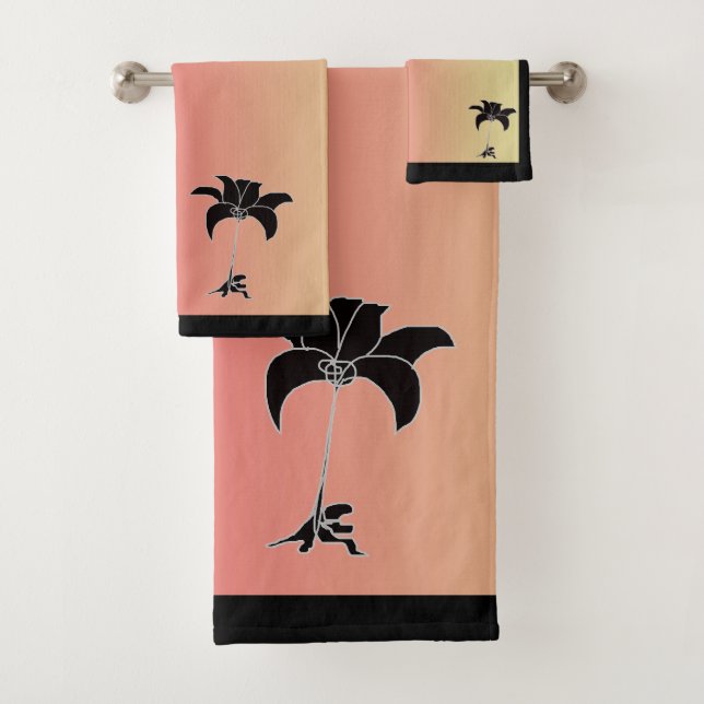 Black Floral Pastel Pink Yellow Gradient  Bath Towel Set (Insitu)
