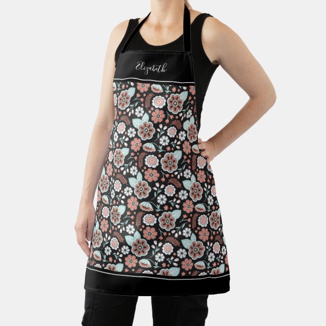 Black Floral Pattern kitchen Apron (Insitu)