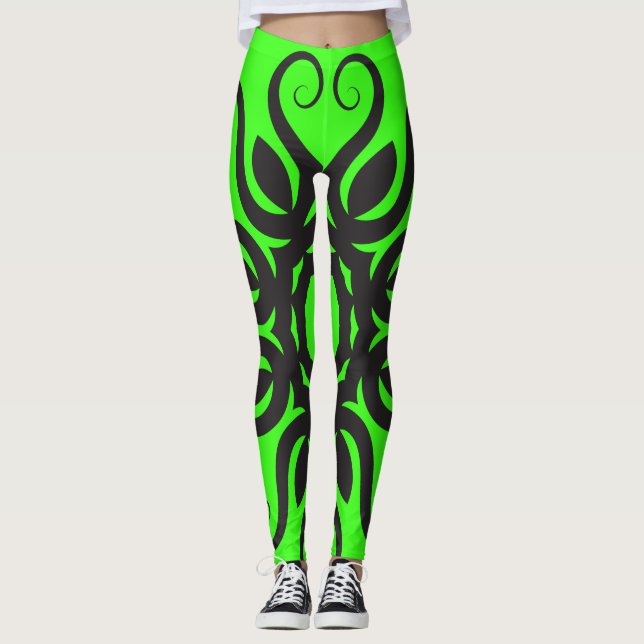 Black Floral Pattern on Neon Green Women's Workout Leggings (Front)