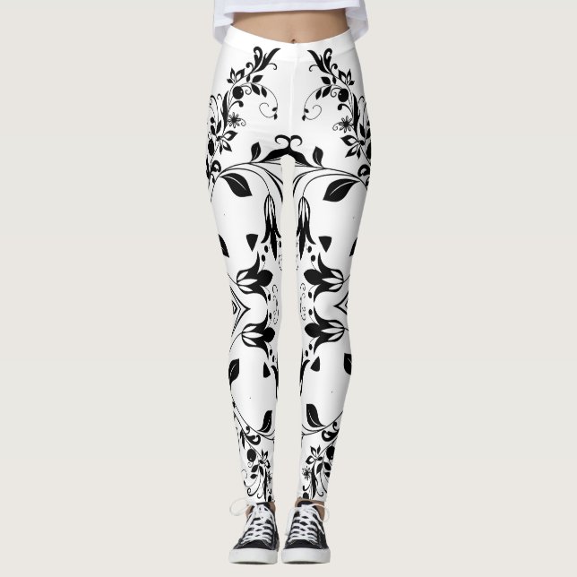 Black Floral Pattern on White Women's Workout Leggings (Front)