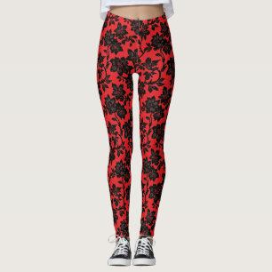 Black Floral Pattern Red Leggings