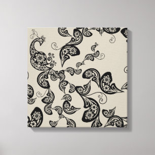Black Floral Peacock Deco Art Canvas Print