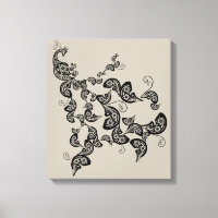 Black Floral Peacock Deco Art Canvas Print