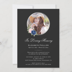 Black Floral Photo Memorial Service Funeral Invitation
