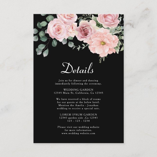 Black floral pink Watercolor Wedding details Enclosure Card (Front)
