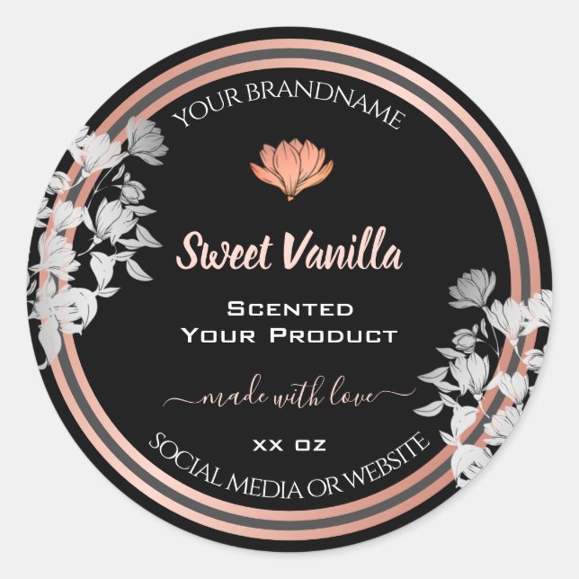 Black Floral Product Packaging Labels Rose Gold (Front)