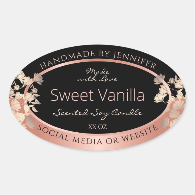 Black Floral Product Packaging Labels Rose Gold (Front)