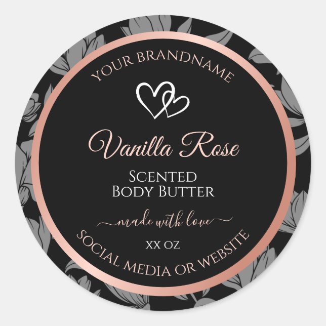 Black Floral Product Packaging Labels Rose Gold (Front)