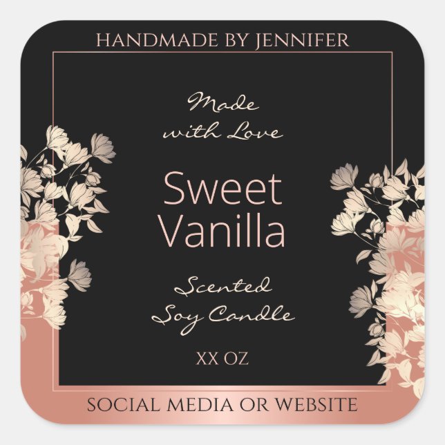 Black Floral Product Packaging Labels Rose Gold (Front)
