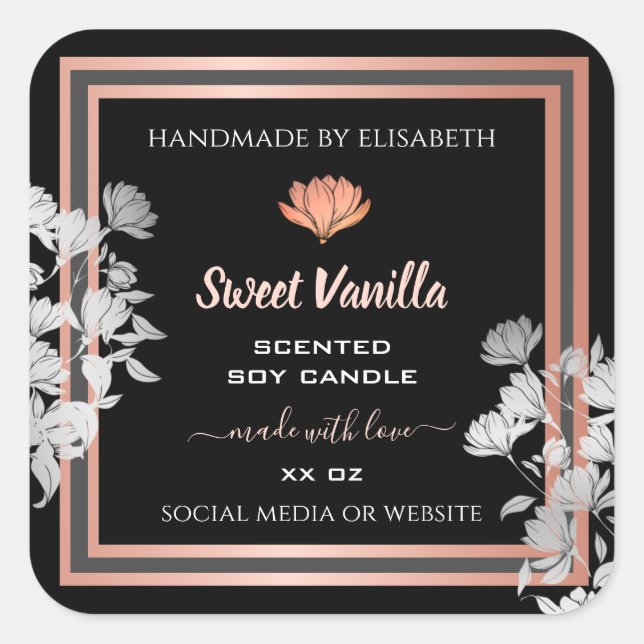 Black Floral Product Packaging Labels Rose Gold (Front)