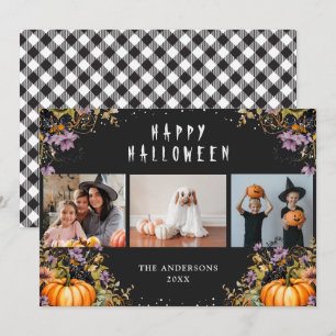Black Floral Pumpkins 3 Photo Halloween Cards