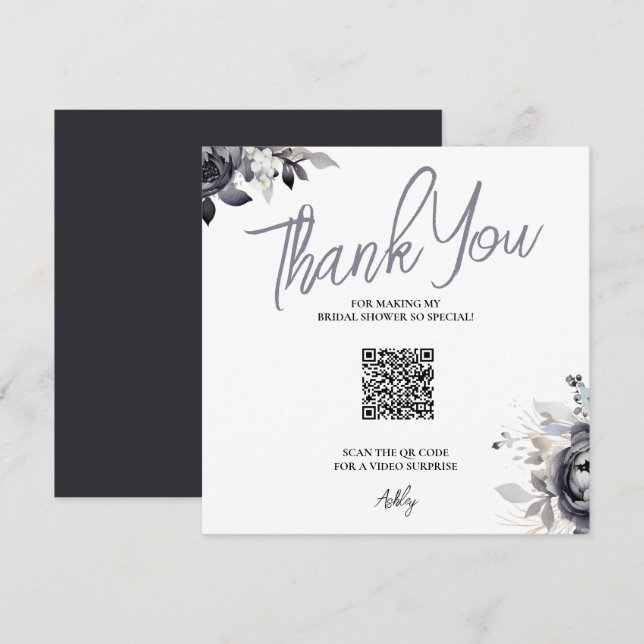 Black Floral QR Code Thank You Card (Front/Back)