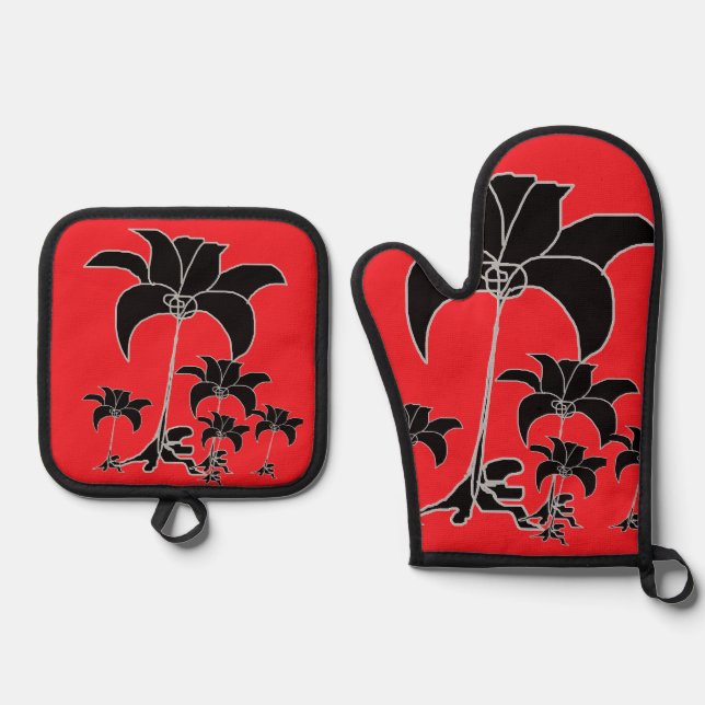  Black Floral Red  Oven Mitt & Pot Holder Set (Front)