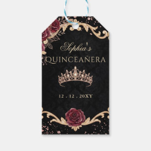 Black Floral Red Rose Gold Tiara Photo Quinceanera Gift Tags