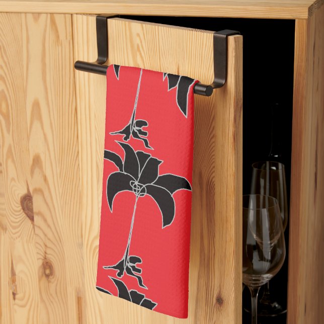  Black Floral Red  Tea Towel (Thirds Fold)