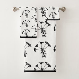 Black Floral Repeat On White Bath Towel Set