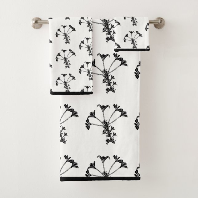 Black Floral Repeat On White Bath Towel Set (Insitu)